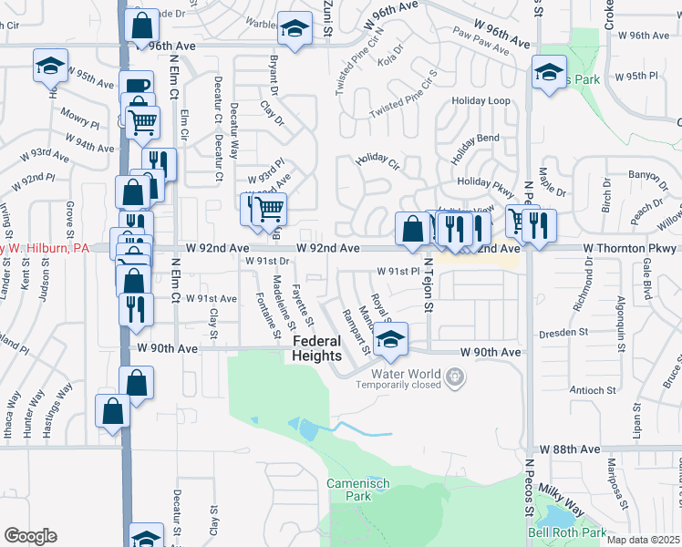 map of restaurants, bars, coffee shops, grocery stores, and more near 9128 Rampart Street in Federal Heights