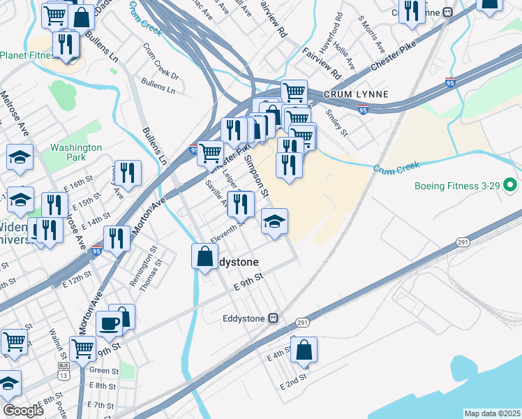 map of restaurants, bars, coffee shops, grocery stores, and more near 1415 East 11th Street in Eddystone