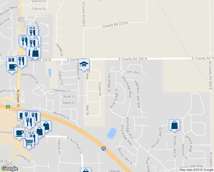 map of restaurants, bars, coffee shops, grocery stores, and more near 1334 Fall Ridge Drive in Brownsburg