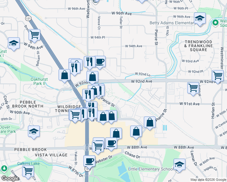 map of restaurants, bars, coffee shops, grocery stores, and more near 9100 Vance Street in Westminster