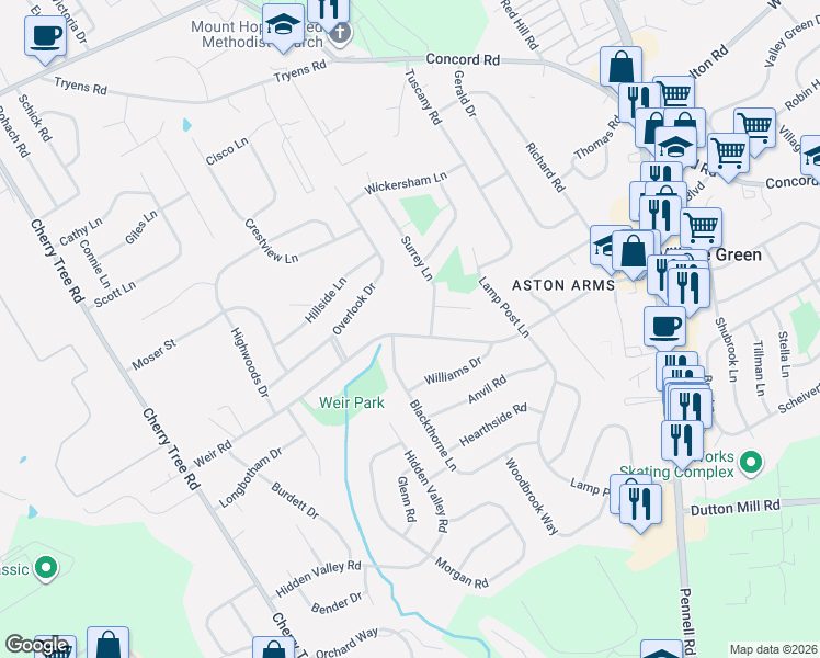 map of restaurants, bars, coffee shops, grocery stores, and more near 2400 Weir Road in Aston