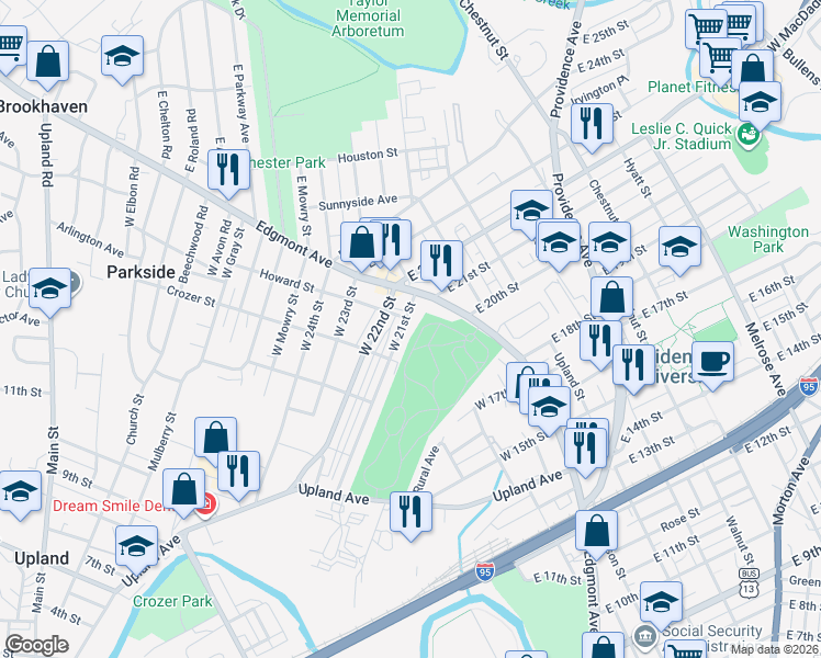 map of restaurants, bars, coffee shops, grocery stores, and more near 111 West 21st Street in Chester
