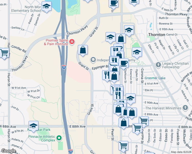 map of restaurants, bars, coffee shops, grocery stores, and more near 8 Grant Street in Thornton