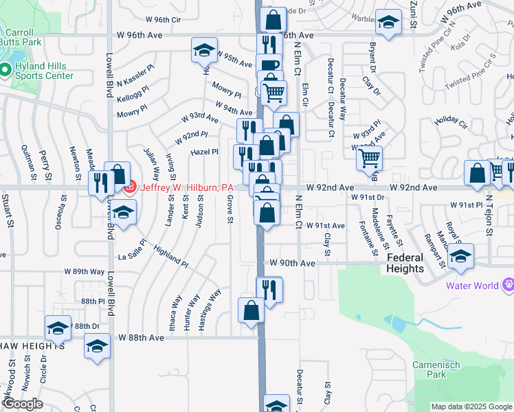 map of restaurants, bars, coffee shops, grocery stores, and more near 9141 Federal Boulevard in Westminster
