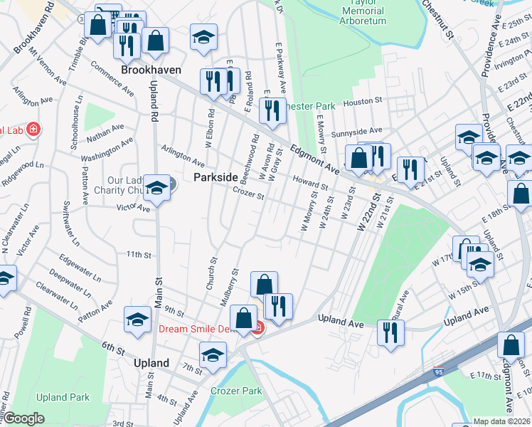 map of restaurants, bars, coffee shops, grocery stores, and more near 204 West Parkway Avenue in Chester
