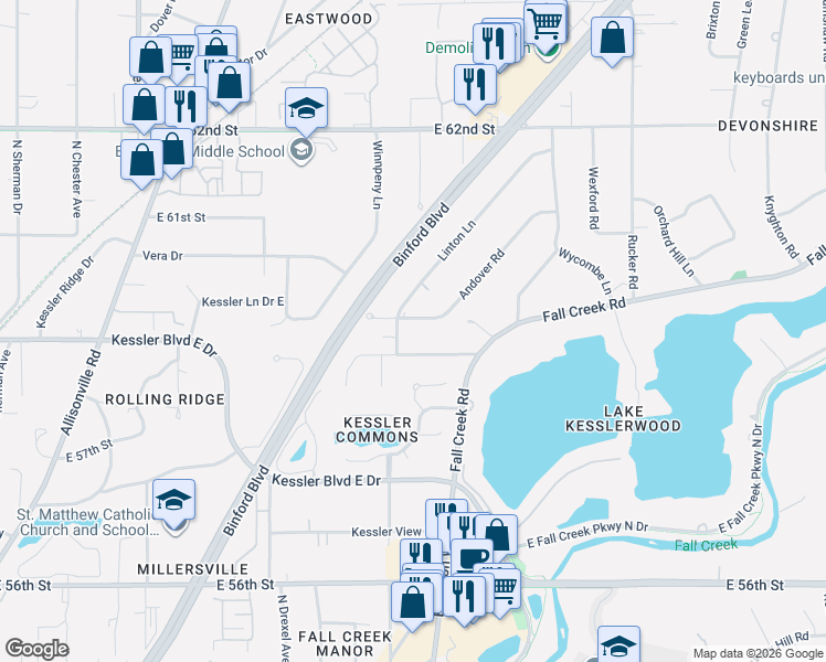 map of restaurants, bars, coffee shops, grocery stores, and more near 5755 Andover Road in Indianapolis