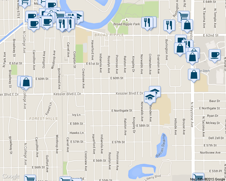 map of restaurants, bars, coffee shops, grocery stores, and more near 1528 Kessler Boulevard East Drive in Indianapolis