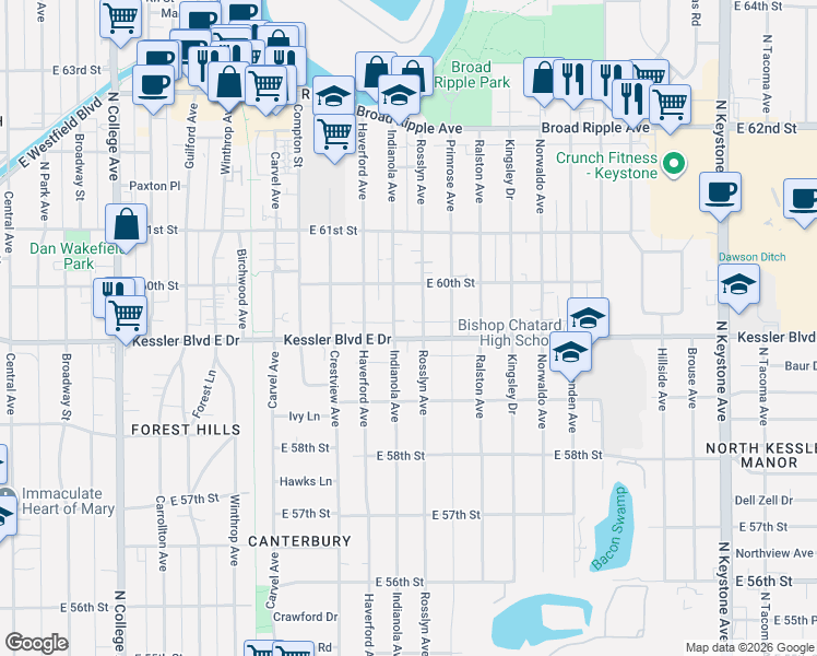 map of restaurants, bars, coffee shops, grocery stores, and more near 1420 Kessler Boulevard East Drive in Indianapolis