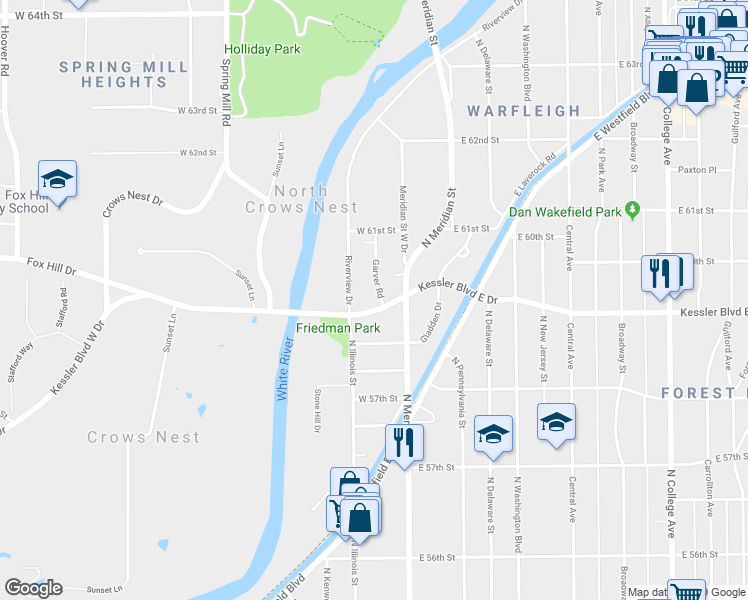 map of restaurants, bars, coffee shops, grocery stores, and more near 30 Kessler Boulevard West Drive in Indianapolis