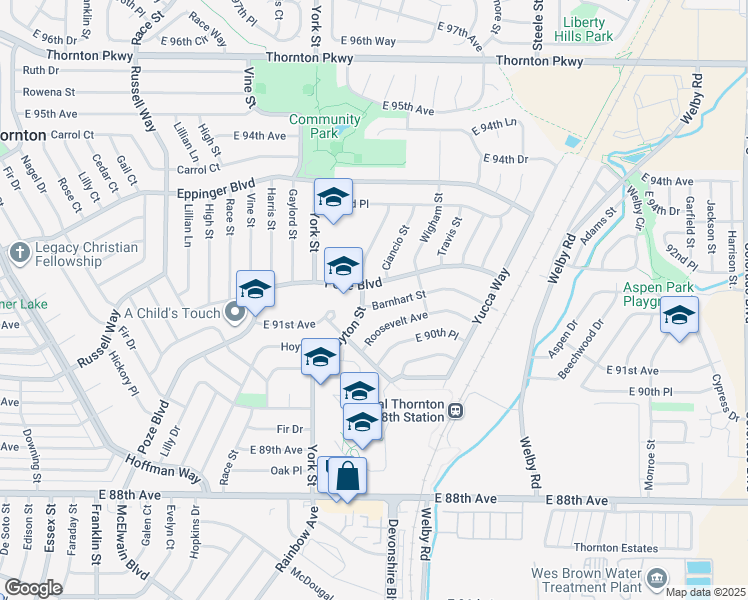 map of restaurants, bars, coffee shops, grocery stores, and more near 2521 Barnhart Street in Thornton
