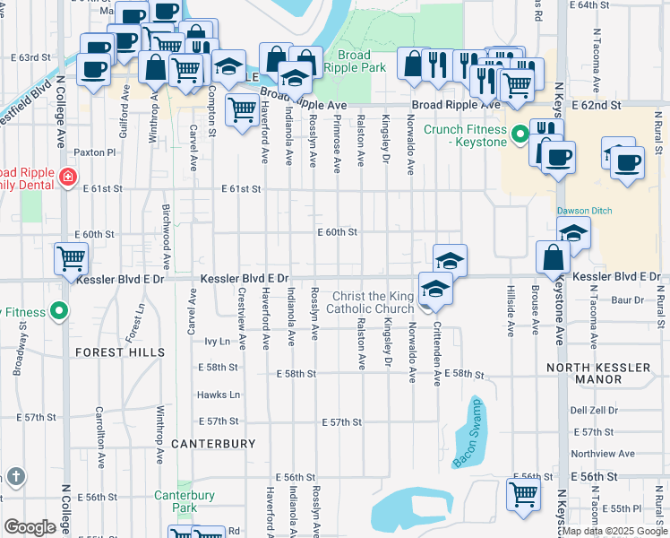 map of restaurants, bars, coffee shops, grocery stores, and more near 1528 Kessler Boulevard East Drive in Indianapolis