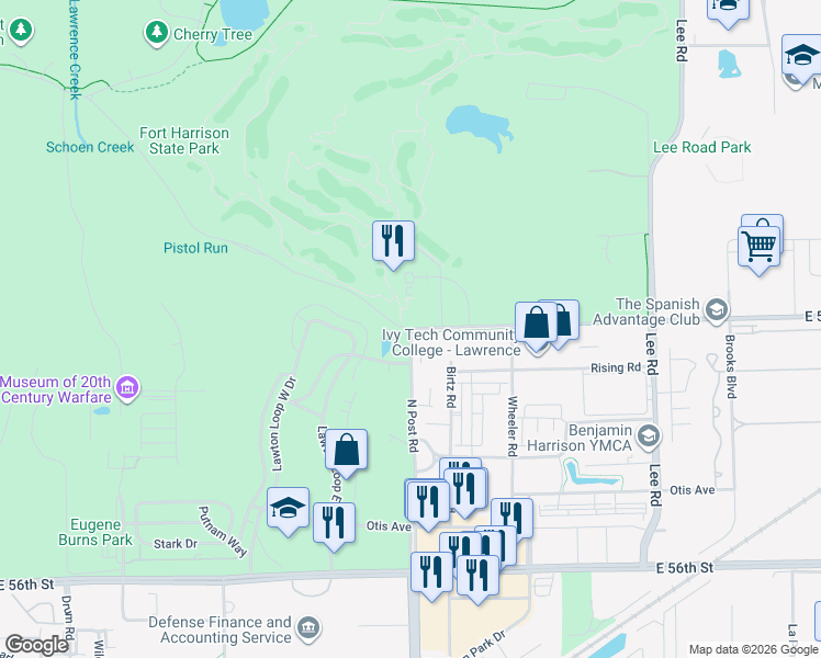 map of restaurants, bars, coffee shops, grocery stores, and more near 6000 North Post Road in Indianapolis