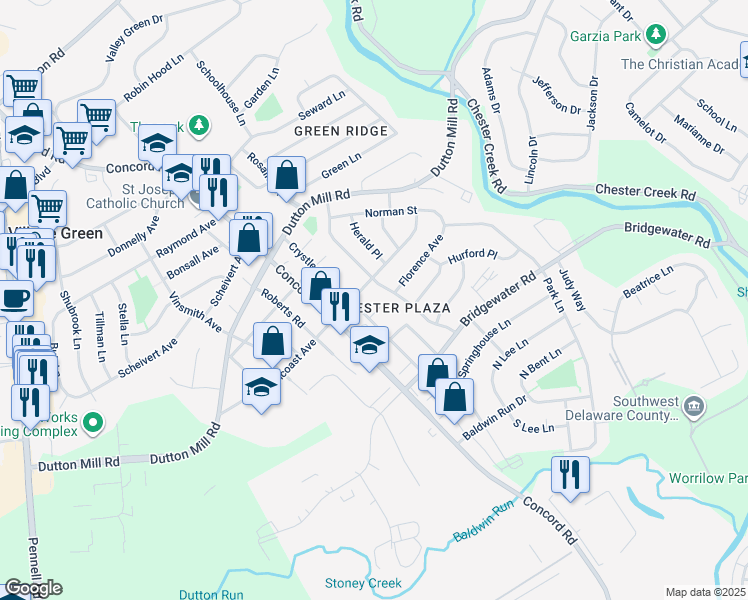 map of restaurants, bars, coffee shops, grocery stores, and more near 903 Crystle Road in Aston
