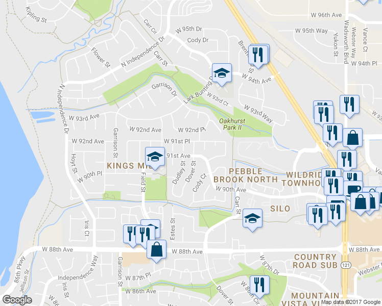 map of restaurants, bars, coffee shops, grocery stores, and more near 9157 Dover Street in Westminster