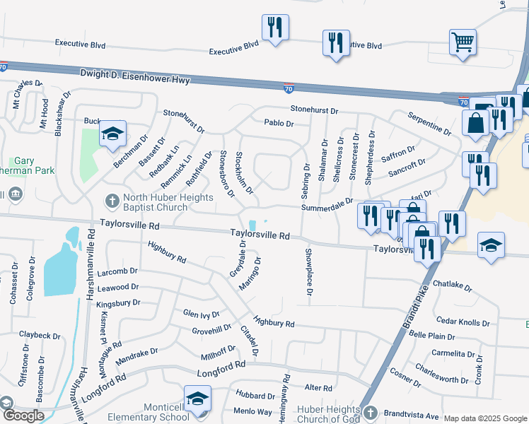 map of restaurants, bars, coffee shops, grocery stores, and more near 6738 Summerdale Drive in Dayton
