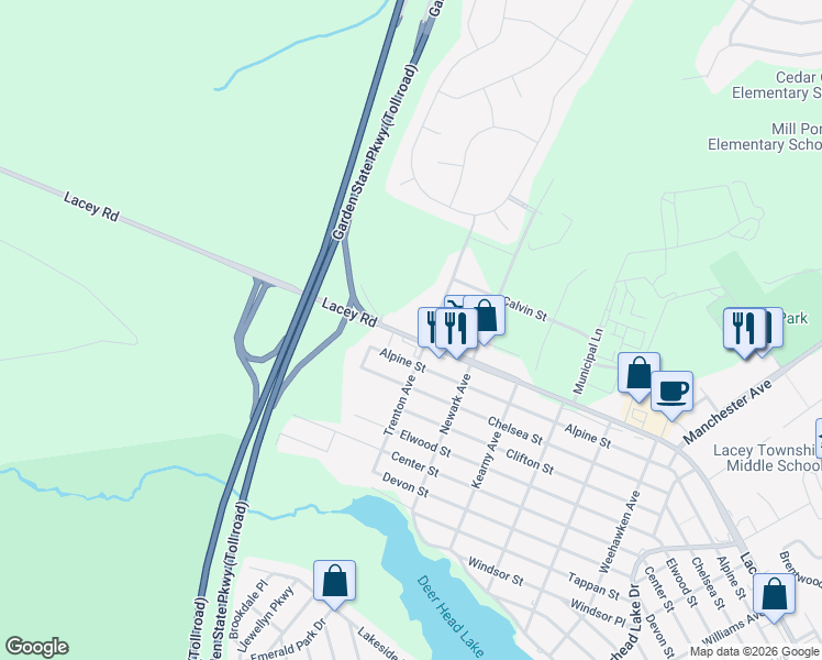 map of restaurants, bars, coffee shops, grocery stores, and more near 1030 Lacey Rd in Forked River