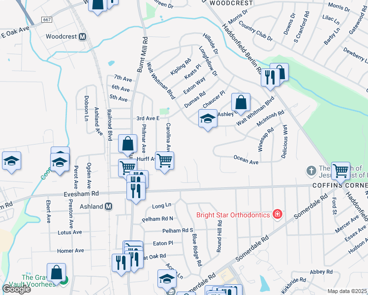 map of restaurants, bars, coffee shops, grocery stores, and more near 107 Carolina Avenue in Cherry Hill