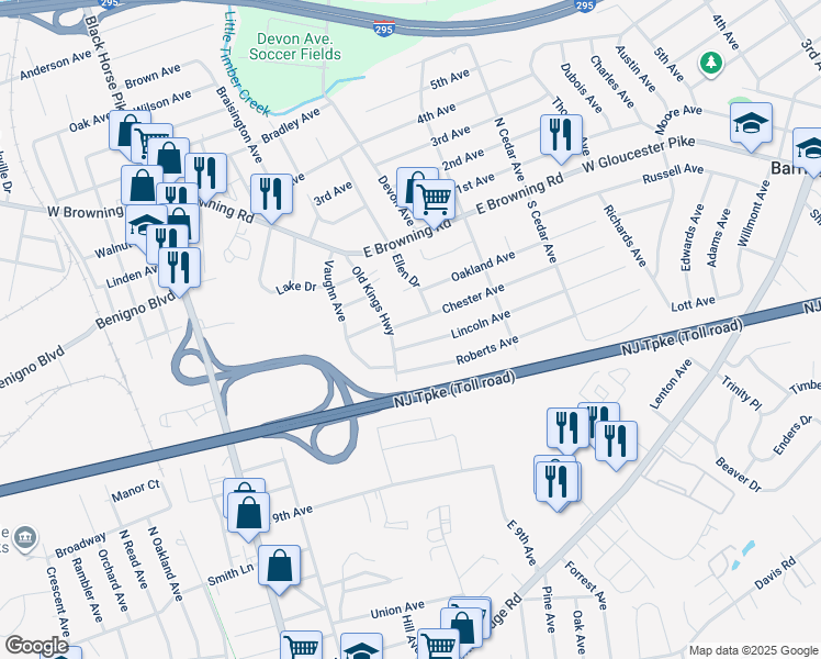 map of restaurants, bars, coffee shops, grocery stores, and more near 217 Lincoln Avenue in Bellmawr