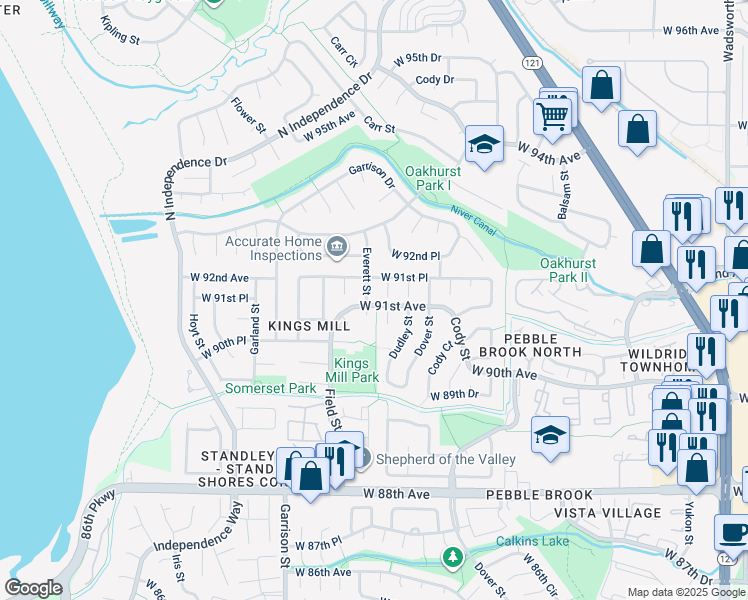 map of restaurants, bars, coffee shops, grocery stores, and more near 9163 Everett Street in Westminster