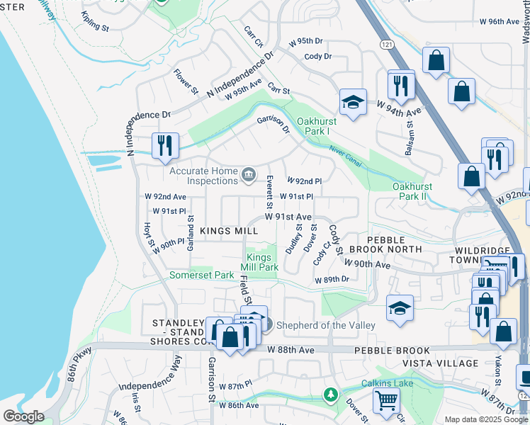 map of restaurants, bars, coffee shops, grocery stores, and more near 9163 Everett Street in Westminster