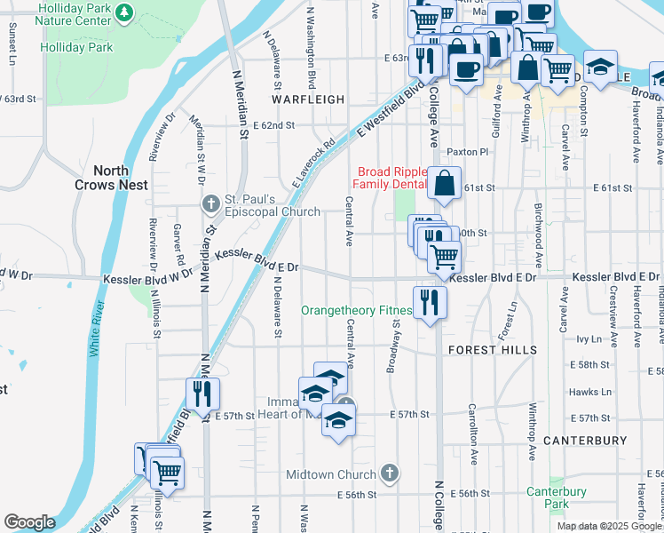 map of restaurants, bars, coffee shops, grocery stores, and more near 402 Kessler Boulevard East Drive in Indianapolis