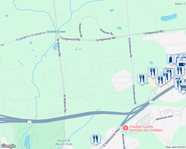 map of restaurants, bars, coffee shops, grocery stores, and more near 710 Cascade Way in Kennett Square