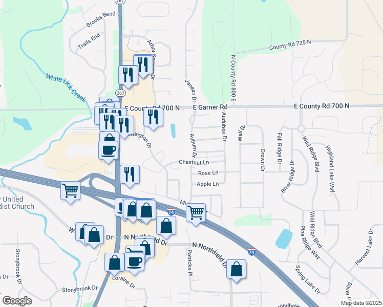 map of restaurants, bars, coffee shops, grocery stores, and more near 1334 Auburn Drive in Brownsburg