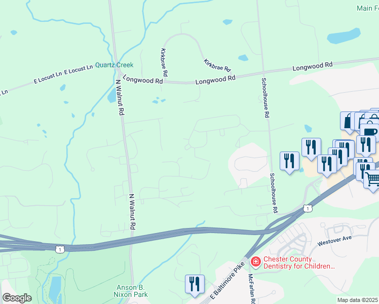 map of restaurants, bars, coffee shops, grocery stores, and more near 710 Cascade Way in Kennett Square