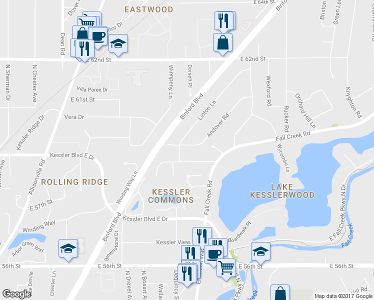 map of restaurants, bars, coffee shops, grocery stores, and more near 5755 Andover Road in Indianapolis