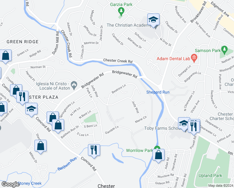 map of restaurants, bars, coffee shops, grocery stores, and more near 107 Romaine Way in Aston