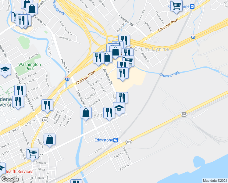 map of restaurants, bars, coffee shops, grocery stores, and more near 1425 Eleventh Street in Crum Lynne