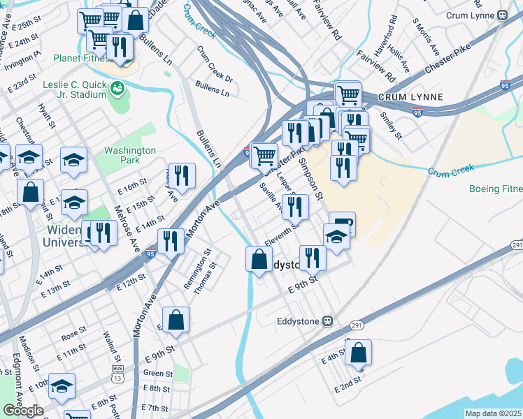 map of restaurants, bars, coffee shops, grocery stores, and more near 1233 East 13th Street in Eddystone