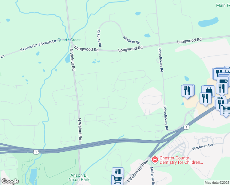 map of restaurants, bars, coffee shops, grocery stores, and more near 712 Cascade Way in Kennett Square