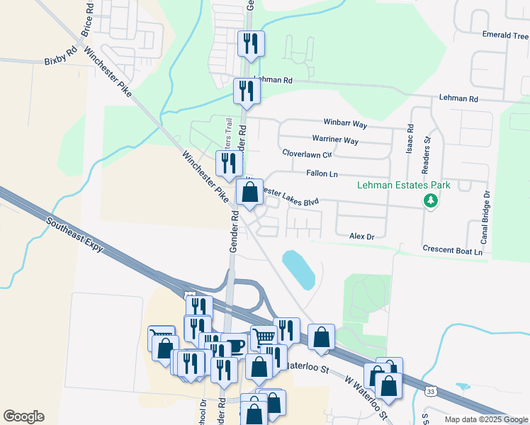 map of restaurants, bars, coffee shops, grocery stores, and more near 6535 Armalite Place in Canal Winchester