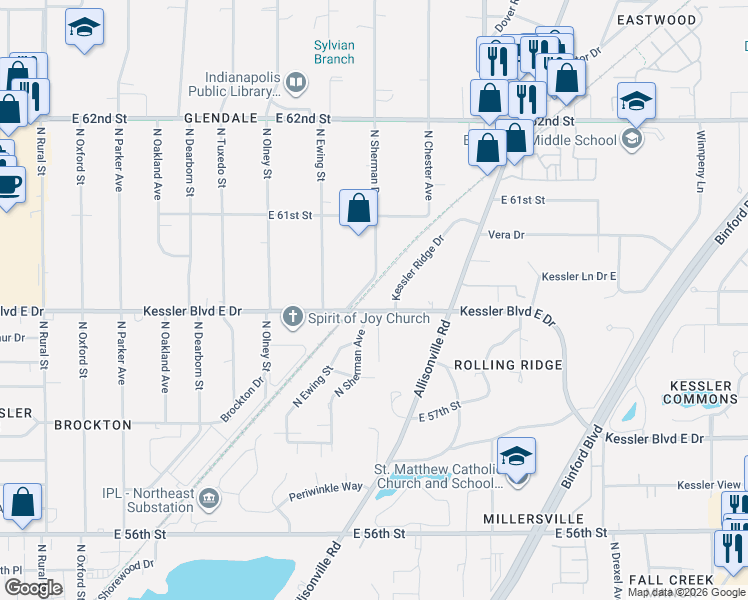 map of restaurants, bars, coffee shops, grocery stores, and more near 3535 Kessler Boulevard East Drive in Indianapolis