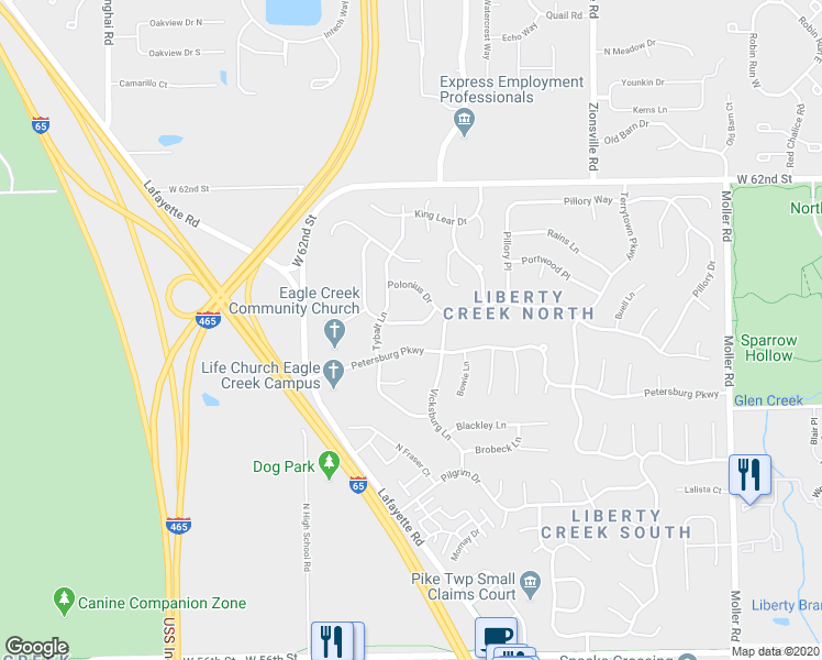 map of restaurants, bars, coffee shops, grocery stores, and more near 6018 Petersburg Parkway in Indianapolis