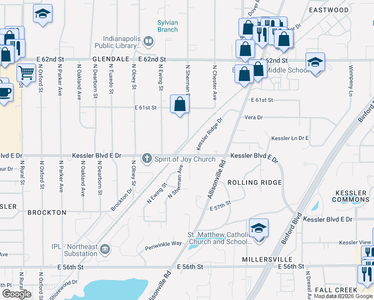 map of restaurants, bars, coffee shops, grocery stores, and more near 3535 Kessler Boulevard East Drive in Indianapolis