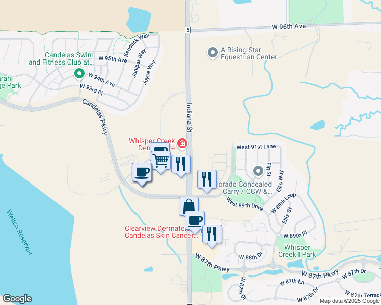 map of restaurants, bars, coffee shops, grocery stores, and more near 9000 Indiana Street in Arvada