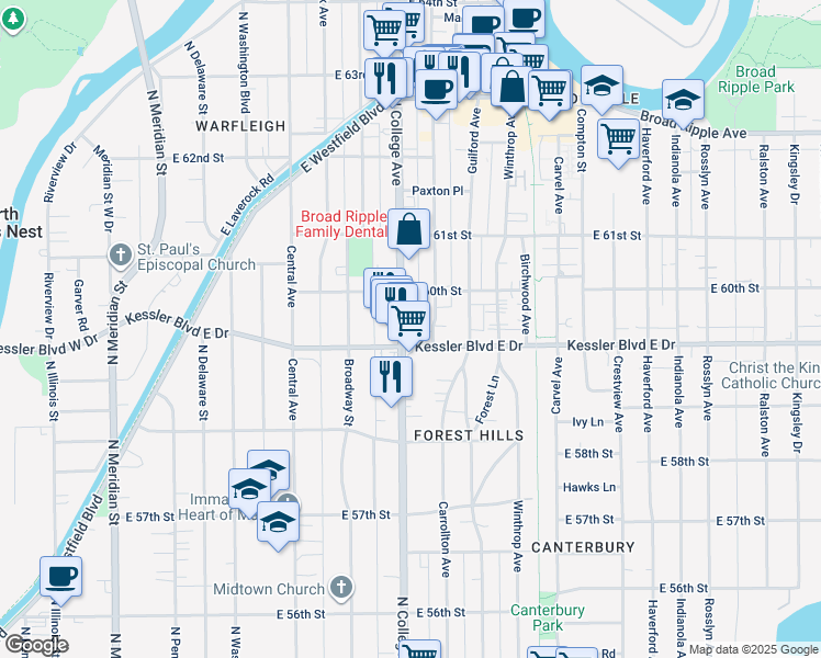 map of restaurants, bars, coffee shops, grocery stores, and more near 5910 Carrollton Avenue in Indianapolis