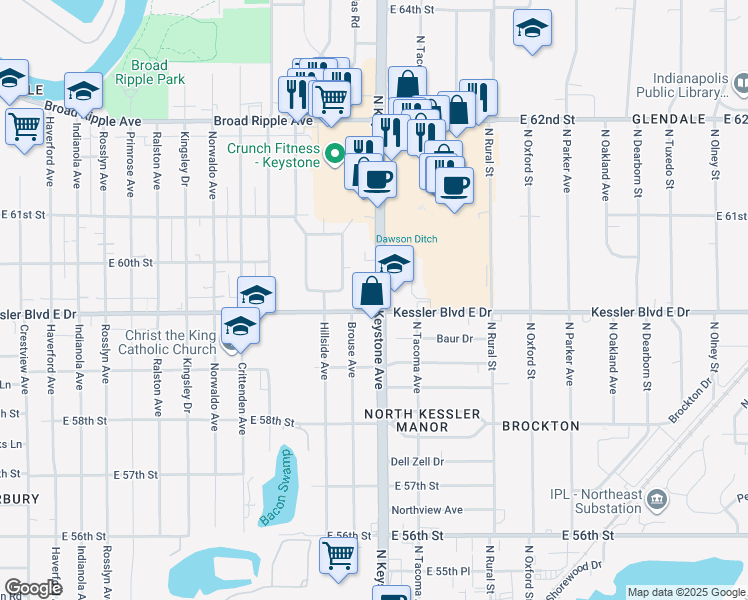 map of restaurants, bars, coffee shops, grocery stores, and more near 2332 Kessler Boulevard East Drive in Indianapolis