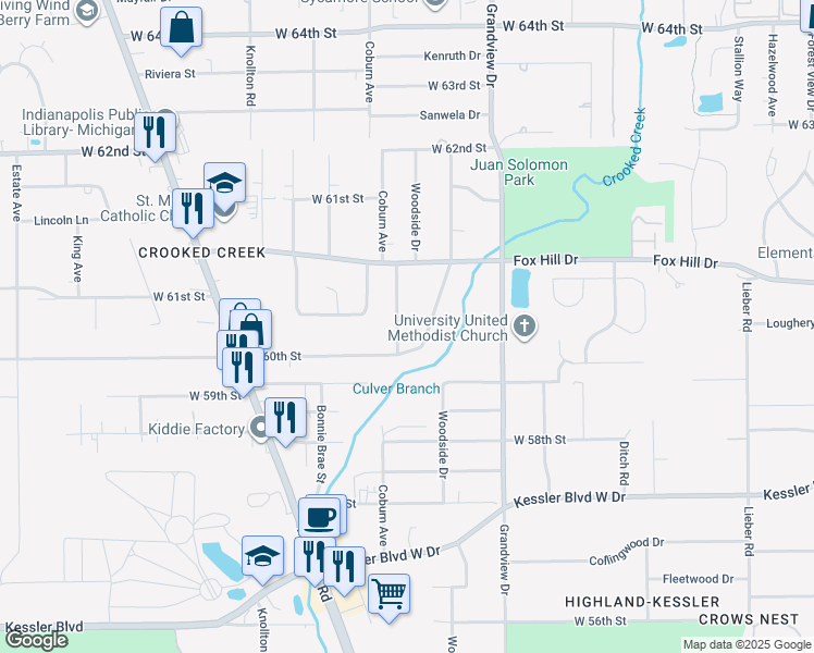 map of restaurants, bars, coffee shops, grocery stores, and more near 5913 Woodside Drive in Indianapolis