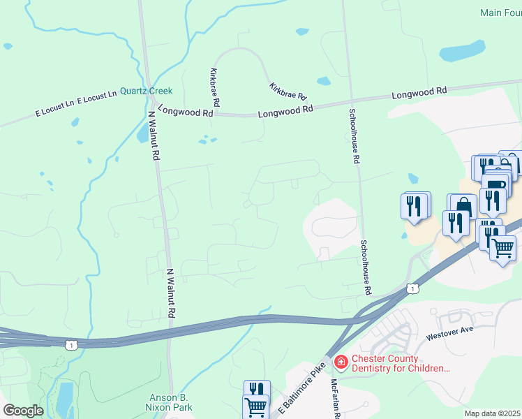 map of restaurants, bars, coffee shops, grocery stores, and more near 718 Cascade Way in Kennett Square