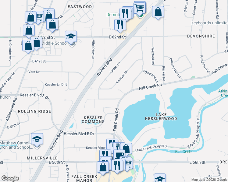 map of restaurants, bars, coffee shops, grocery stores, and more near 5835 Andover Road in Indianapolis