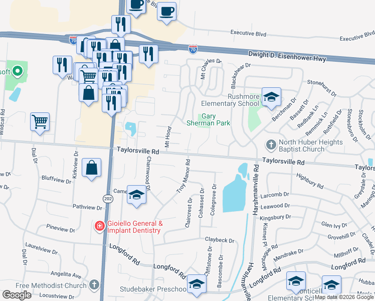 map of restaurants, bars, coffee shops, grocery stores, and more near in Huber Heights