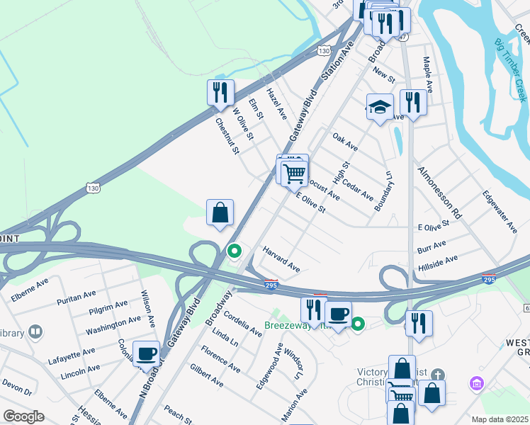 map of restaurants, bars, coffee shops, grocery stores, and more near 1000 Broadway in Westville