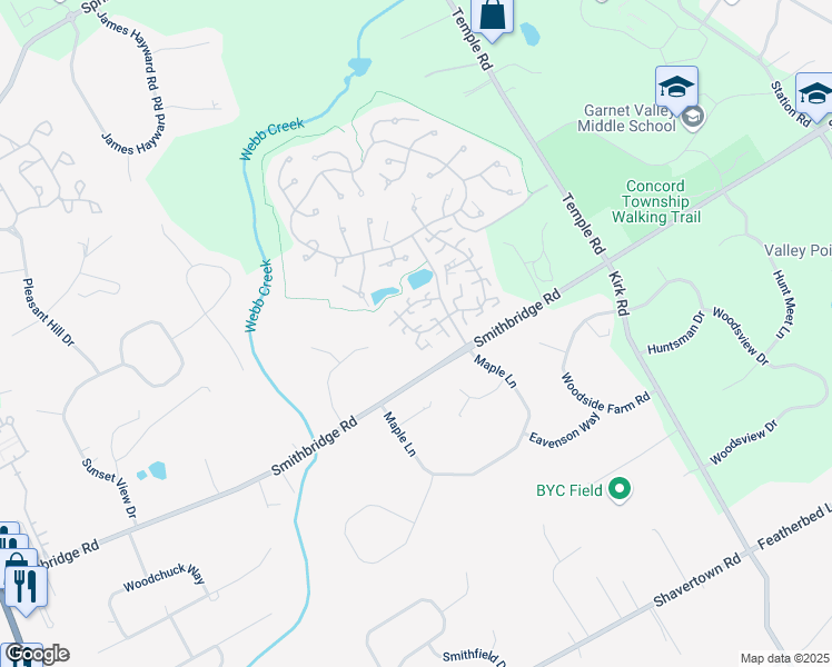 map of restaurants, bars, coffee shops, grocery stores, and more near 68 Hunters Lane in Chester Heights