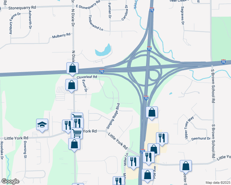 map of restaurants, bars, coffee shops, grocery stores, and more near 1 Singing Circle Drive in Dayton