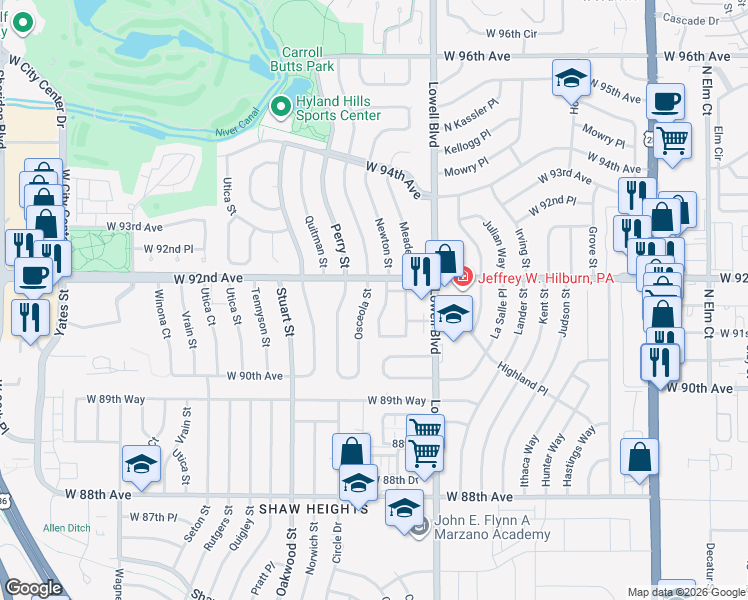 map of restaurants, bars, coffee shops, grocery stores, and more near 9142 Osceola Street in Westminster