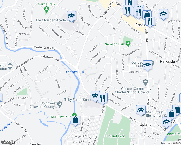 map of restaurants, bars, coffee shops, grocery stores, and more near 280 Bridgewater Road in Brookhaven
