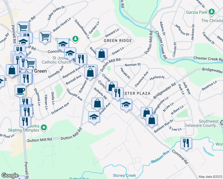 map of restaurants, bars, coffee shops, grocery stores, and more near 3030 Concord Road in Aston